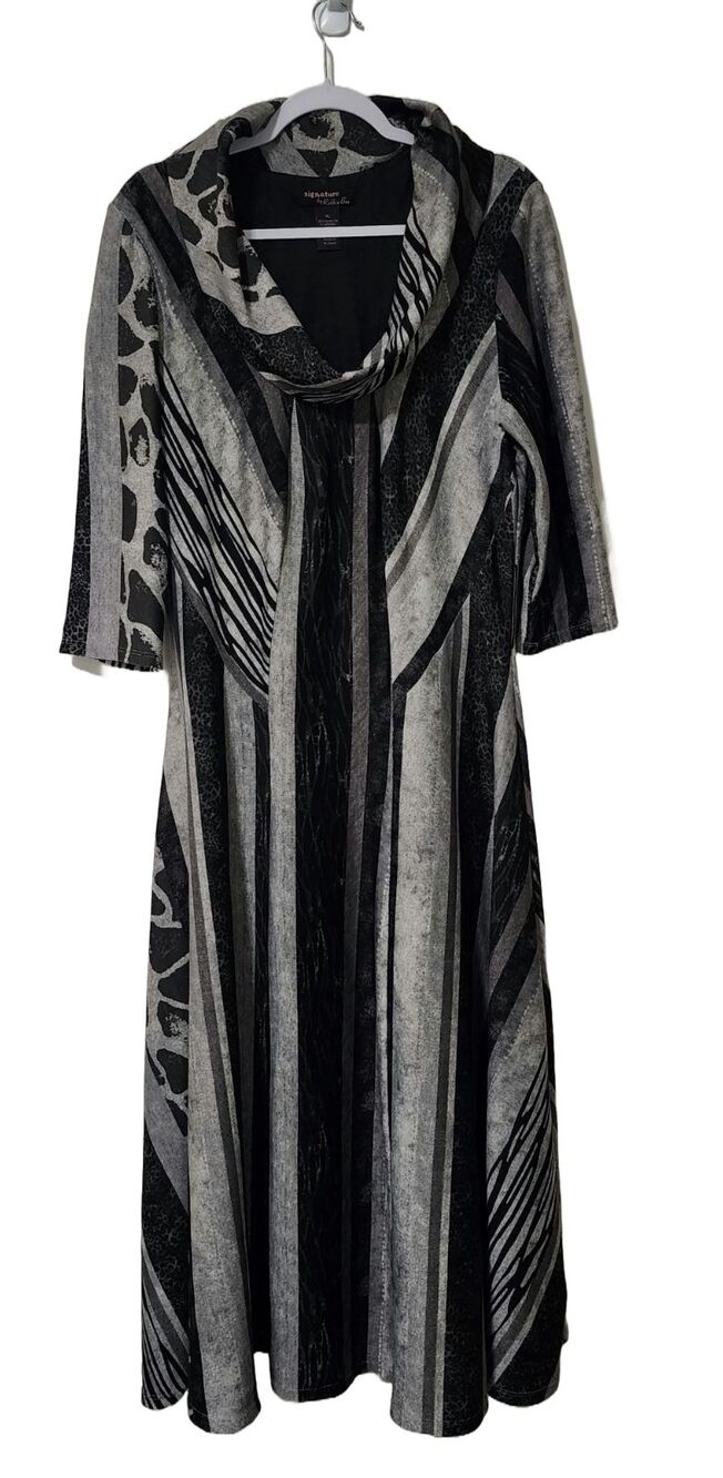 Signature by Robbie Bee Knit Dress XL Black Grey 3/4 Sleeve Cowl Neck Midi EUC